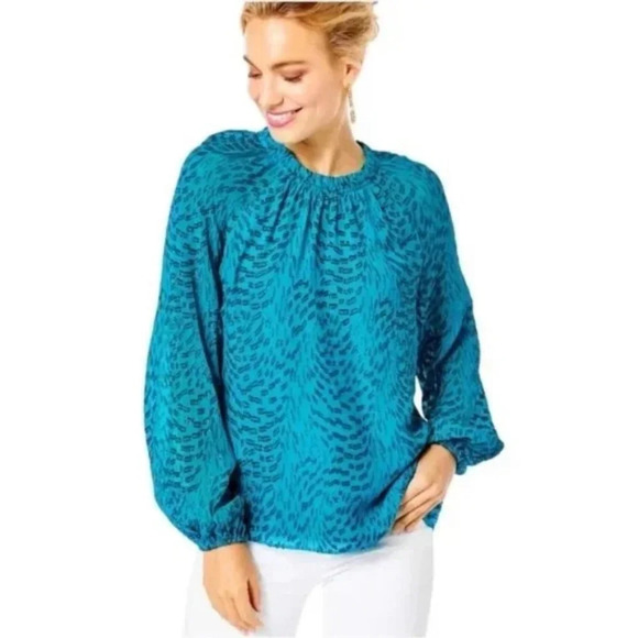 Lilly Pulitzer Caline Silk Top in Teal Bay Size Extra Small XS - Picture 3 of 7
